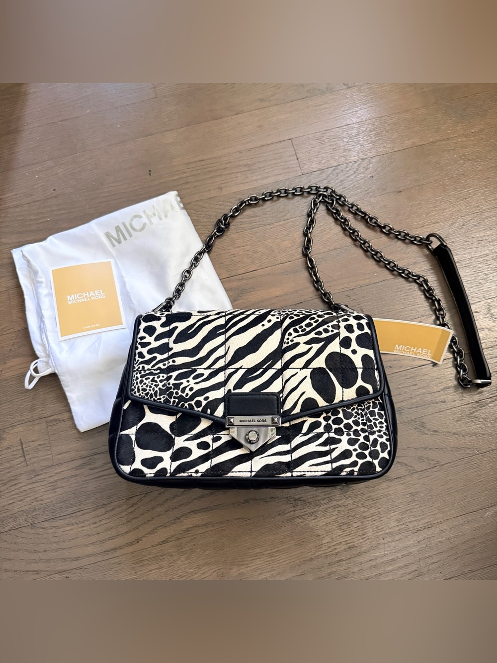 NEW Michael Kors soho chain animal print black white bag